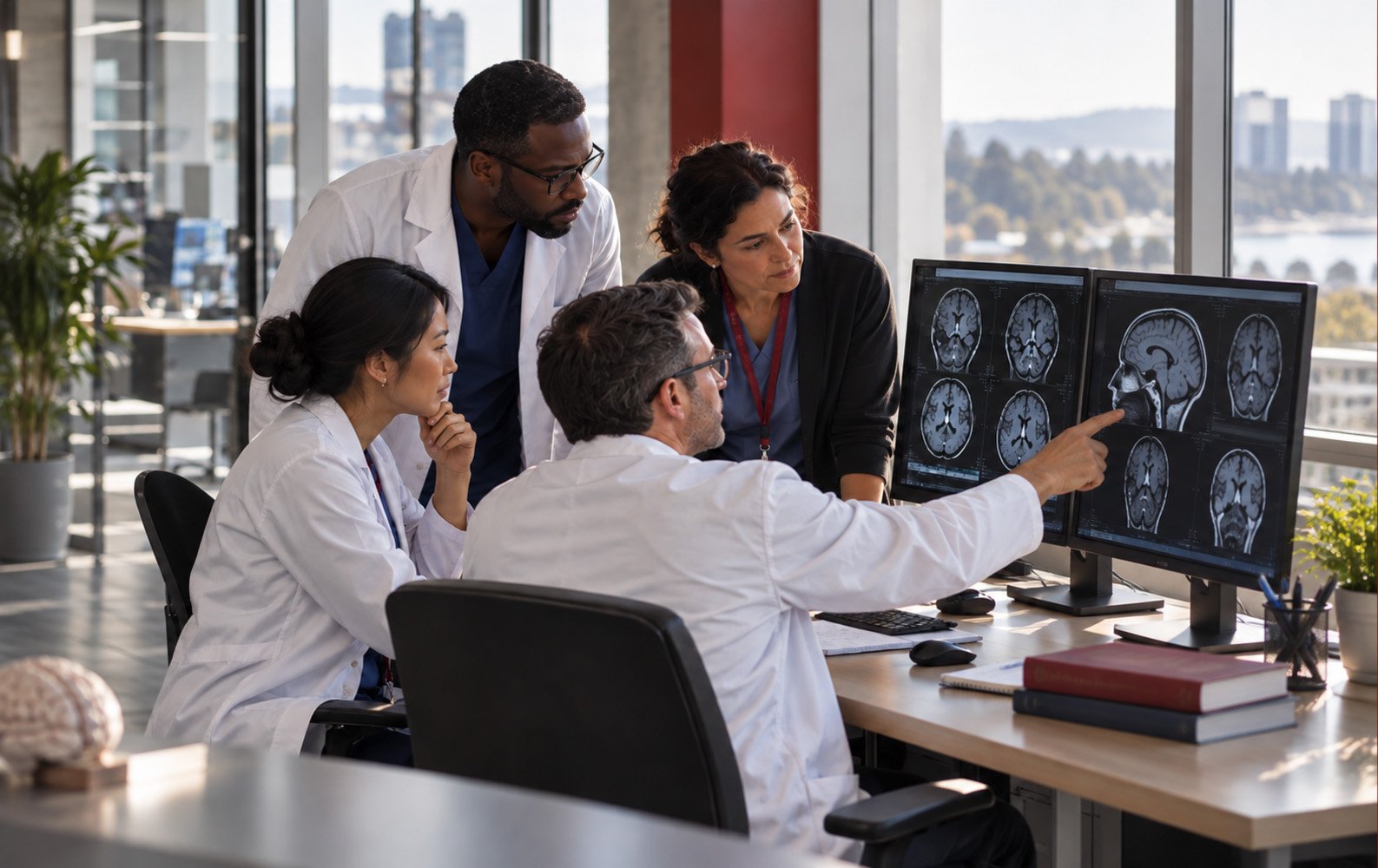 Four clinicians and researchers studying brain scans together on screen